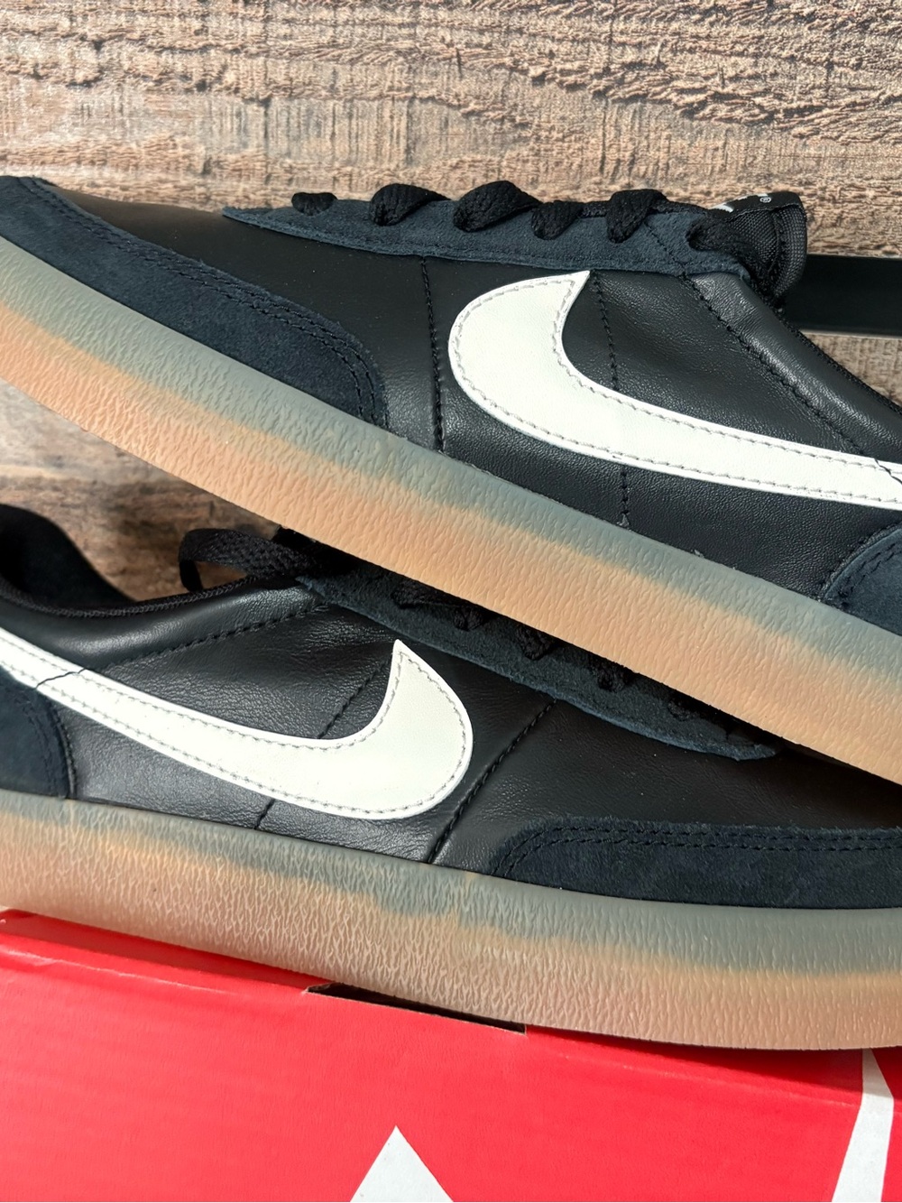 Nike Men/women Kill Shots Black Leather Sneakers with White Swoosh and Gum Sole